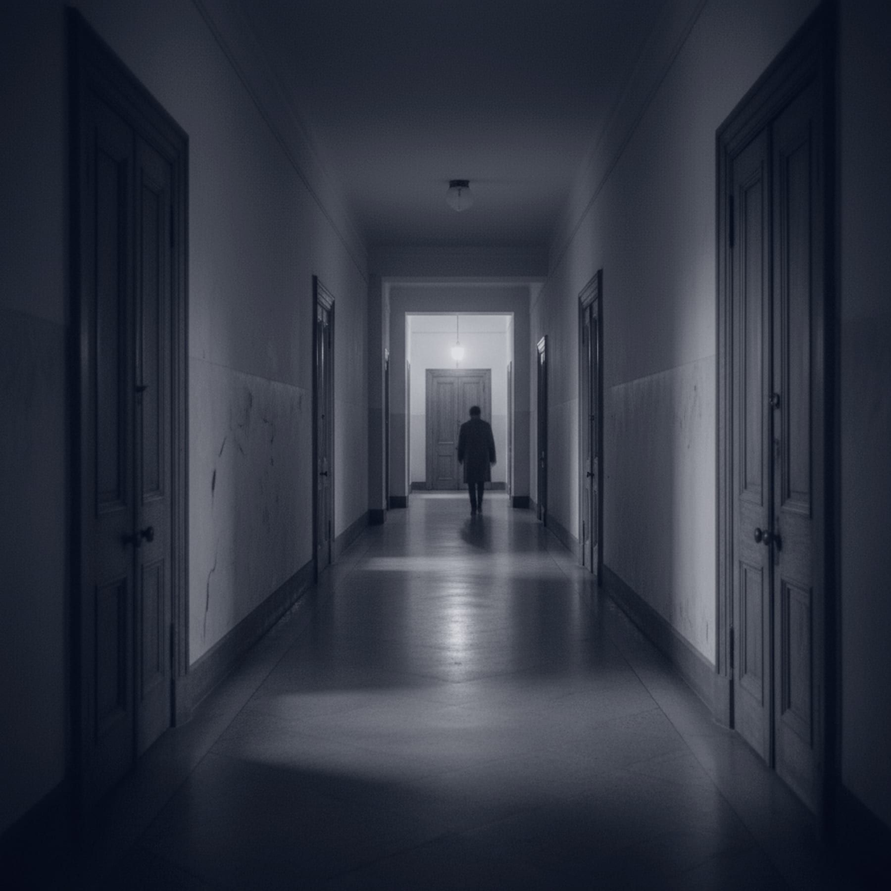 Un pasillo universitario en penumbra azul, con una figura lejana caminando hacia la luz.